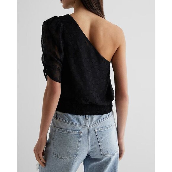 Express Women’s Polka Dot One Shoulder Banded Bottom Top Black Size XS NWT $68 - Picture 3 of 16